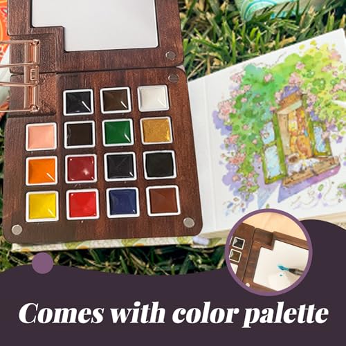 Mini Watercolor Travel Set – 15 Color Paint Kit with Wooden Palette, Magnetic Lid, Water Brush, Sketchbook for Travelers and Artists（C） - color: C