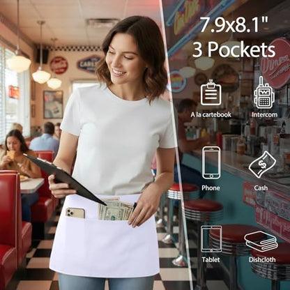 BOHARERS Waist Apron with 3 Pockets 3 Pack - White Waitress Server Short Apron - color: A1-3 Pack White