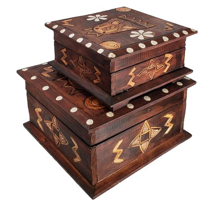 Hand-Carved Wooden Keepsake Box Collection – Decorative Rustic Storage Box, Jewelry Box, Trinket Organizer, Handmade Artisan Wood Home Décor (Box Med & Sm (Set of 2)) - size: Box Med & Sm (Set of 2)