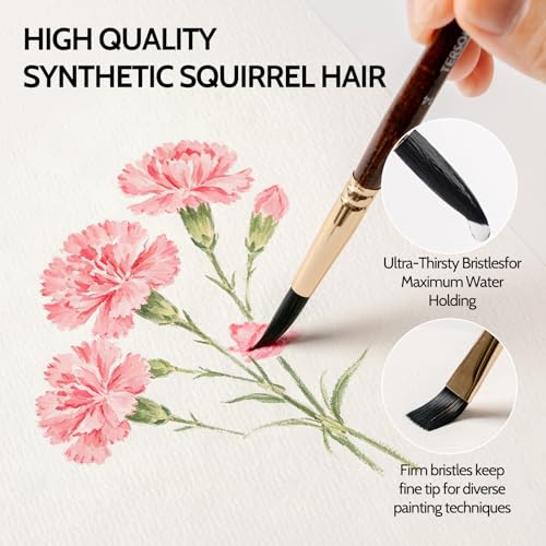 Watercolor Brushes, 12 Pieces Squirrel&Nylon Blend Hair Paint Brush for Artists Shed Resistant Pointed Round, Flat, Dagger, Cat's Tongue Professional Set for Watercolor, Gouache, Acrylic