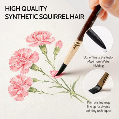 Watercolor Brushes, 12 Pieces Squirrel&Nylon Blend Hair Paint Brush for Artists Shed Resistant Pointed Round, Flat, Dagger, Cat's Tongue Professional Set for Watercolor, Gouache, Acrylic