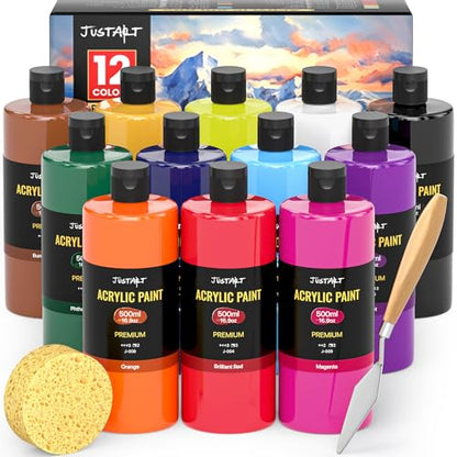 12 Colors Acrylic Paint Bottle Set (500ml/16.9oz), Large Bottles Acrylic Paint Kit, Rich Pigmented Bulk Painting Supplies for Artists, Beginners and Adults on Rocks Canvas Crafts Wood Ceramic Fabric - color: 12 Colors