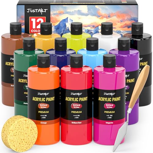 12 Colors Acrylic Paint Bottle Set (500ml/16.9oz), Large Bottles Acrylic Paint Kit, Rich Pigmented Bulk Painting Supplies for Artists, Beginners and Adults on Rocks Canvas Crafts Wood Ceramic Fabric - color: 12 Colors