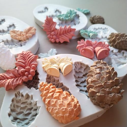 4PCS Christmas Fondant Molds, Christmas Holly Leaves Bells Pinecone Silicone Chocolate Molds, Unique Shape Cake Pop Candy Gummy Molds for Baking, DIY Holiday Dessert Polymer Clay Candle Craft - color: 4pc xmas