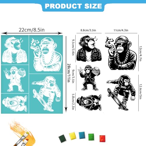 2 Sheets Hip Hop Silkscreen Stencil, Monkey Gorilla Printing Stencils Templates Reusable Self-Adhesive Silk Screen for Painting on Wall, Wood, T-Shirt, Fabric, Home Craft Decor - style: Hip Hop Monkey