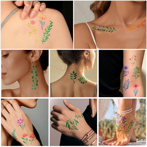 142 PCS Botanical Wildflower Temporary Tattoo Stencils for Kids Adult Flowers Leaves Plants for DIY Drawing Wood Rock Crafts Wall Door Painting School Art Projects, Body Face Paint Stencils