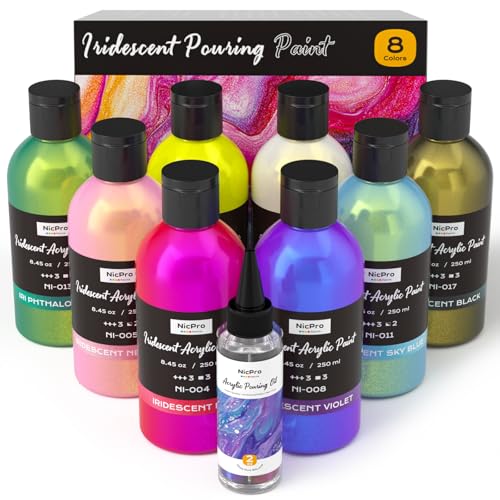 Nicpro 8 Colors Iridescent Metallic Acrylic Pour Paint Supplies Kit 8.45oz | Large Ready to Pour Premixed High Flow Pouring Paint Set with Silicone Pouring Oil, Gloves, Instructions for Beginner DIY - color: 8 Colors