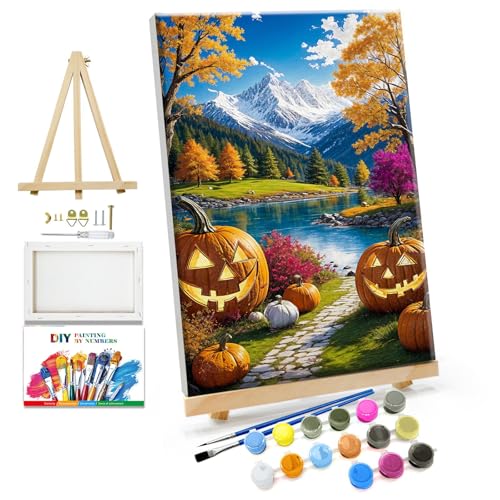 JOOZ Paint by Numbers Kit for Adults with Frame Halloween Paint by Number with Easel Pumpkins Adult Paint by Number Kits Framed Canvas DIY Oil Painting Kits for Ideal Gift Home Wall Decor 8x12 Inch - color: Halloween 050