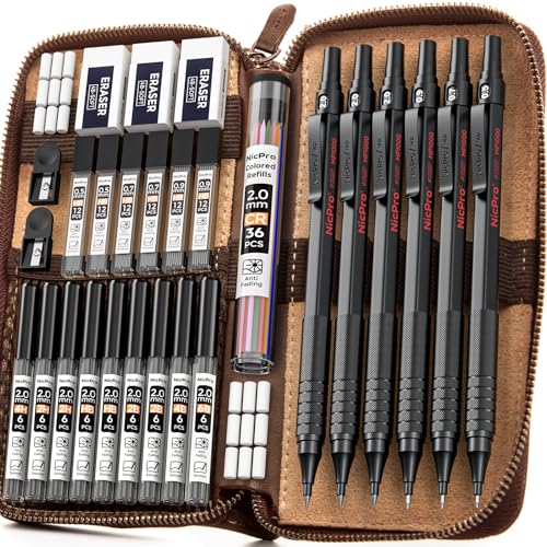 Nicpro 30PCS Black Metal Mechanical Pencil Set in Leather Case, Art Drafting Pencil 0.5, 0.7, 0.9 mm, 2mm Lead Pencil Holders for Sketching Drawing With 16 Tube (6B 4B 2B HB 2H 4H Colors)Lead Refills - color: Black