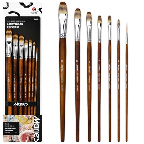 Marie's 7 Pcs Artist Paint Brush Set, Synthetic Nylon Brushes with Filbert and Liner Tips, Wood Handle Painting Brushes for Acrylic, Gouache, Oil, Practice and Professional Artwork