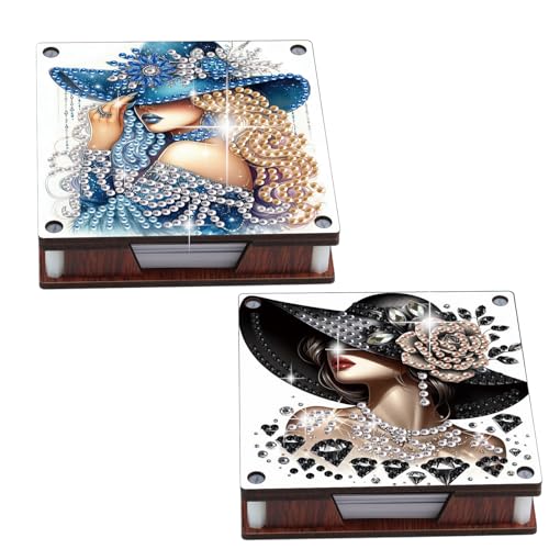 JISHSHAY 2 PCS Diamond Art Note Box Beautiful Woman Diamond Painting Note Pad Holder Gem Painting Gem Art Memo Pad Holder Mosaic Kits for Adults Embroidery Kit Memo Boxes, Contains 120 Sheets of Paper - color: Woman 2