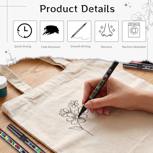 Thboxes Black Fabric Markers, 12 Pack Permanent Markers for Clothes Dual Tip Brush & Fine 1-5mm, Quick Dry Fabric Pen for T-Shirts Hats Tote Bags Canvas Shoes Sneakers