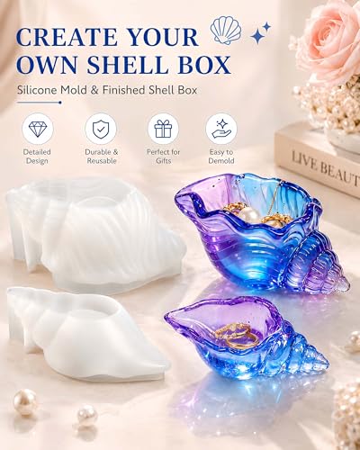 2 Pcs Conch Seashell Silicone Molds for Resin, 3D Ocean Shell Epoxy Casting Mold for Trinket Dish, Candle Holder, Jewelry Tray, Plaster Concrete Cement Crafts, DIY Home Decor