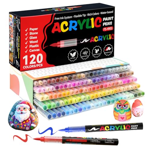 120 Colors Acrylic Paint Markers, Soft Brush Tip Acrylic Markers Set, Paint Pens for Wood, Fabric, Canvas, Glass, Stone, Canvas, Rock Painting and DIY Crafts Art Supplies - color: 120 Colors