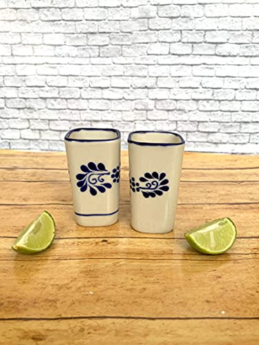 Hand-Painted Mexican Ceramic Shot Glasses, Square Tequilero Cups – 2 oz Each, Set of 2 – Colonial White with Blue Design – Tequila, Mezcal & Sangrita - White Cuadrado
