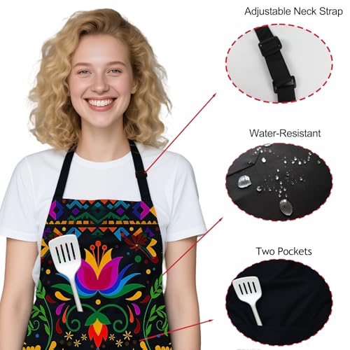 Mexican Floral Apron with 2 Pockets, Adjustable Apron for Cooking Baking BBQ Painting, Gifts for Women Men - color: Black-hua