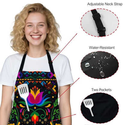 Mexican Floral Apron with 2 Pockets, Adjustable Apron for Cooking Baking BBQ Painting, Gifts for Women Men - color: Black-hua