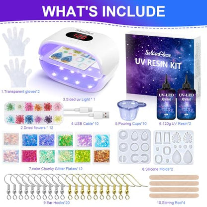 SolaraGlaze UV Resin Kit with Light 240g Hard Type Clear UV Resin Jewelry Making Kit Two-Sided Light and Molds DIY Jewelry Making Supplies for Keychain and Earring