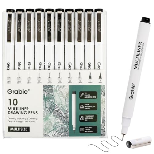 Grabie Micro Fineliner Pens, 10 Black Fine Line Waterproof Drawing Pens, Assorted Point Sizes for Sketching, Illustration, Journaling, Art Supplies - color: 10-Black