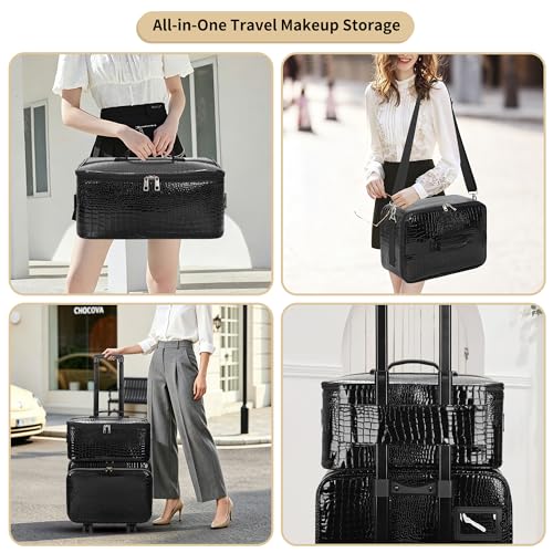 OCHEAL 18" Rolling Makeup Case, Professional 4-in-1 Trolley Case | 3-Layer, Large Cosmetic Organizer with Wheels,Large Makeup Case & Double Brush Organizer, 6 Travel Bags - color: Black-4 in 1