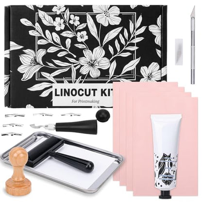 Linocut Kit for Beginners Stamp Making Set with Linoleum Blocks for Printmaking & Linocut Tools, DIY Art Gift for Adults & Teens - color: Black-linocut kit