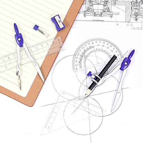 Vobou Math Geometry Kit Sets 10 Piece Student Supplies with Shatterproof Storage Box,Includes Rulers,Protractor,Compass,Eraser,Pencil Sharpener,Lead Refills,Pencil,for Drafting（Purple） - color: Purple
