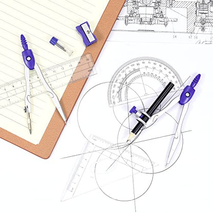 Vobou Math Geometry Kit Sets 10 Piece Student Supplies with Shatterproof Storage Box,Includes Rulers,Protractor,Compass,Eraser,Pencil Sharpener,Lead Refills,Pencil,for Drafting（Purple） - color: Purple