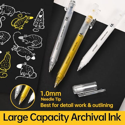 GETHPEN White Gel Pens, 1.0mm Extra Fine Point Gel Ink Pen Set – Opaque Archival Ink Pens for Black Paper Drawing, Bullet Journaling & Artists Drawing, 3 Pack - size: 1 Count (Pack of 3), style: 3 Pack White