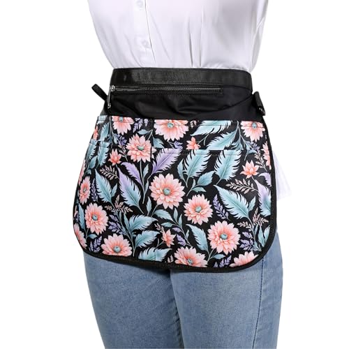 Waterproof Server Apron for Women with 5 Pockets,Quickly Put on and Take off Waitress Aprons,Work Apron for Bartender Barista - color: Pink Flowers