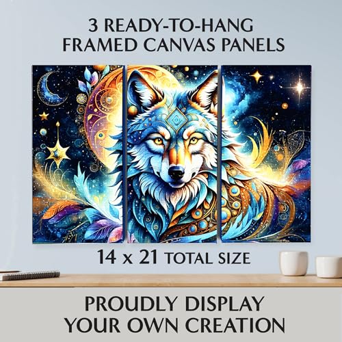 ArtSkills Diamond Painting Kit, Diamond Art Ready to Hang Framed Canvas with Storage and Accessory Kit, Mythical Wolf, 3 Stretched Canvas Panels, 14” x 7” Each - color: Mythical Wolf