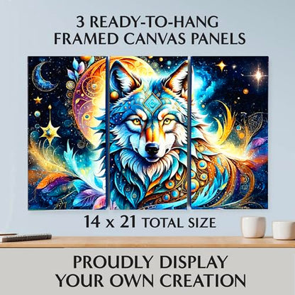 ArtSkills Diamond Painting Kit, Diamond Art Ready to Hang Framed Canvas with Storage and Accessory Kit, Mythical Wolf, 3 Stretched Canvas Panels, 14” x 7” Each - color: Mythical Wolf