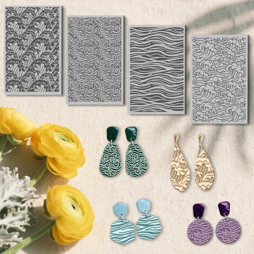 4 Sheets Ocean Waves Pattern Clay Texture Mat, 3.9x2.6in | 4 Styles Polymer Clay Texture Sheets with Ocean Wave Design. For Pottery, Earring, Jewelry and Stamp Engraving - style: Ocean
