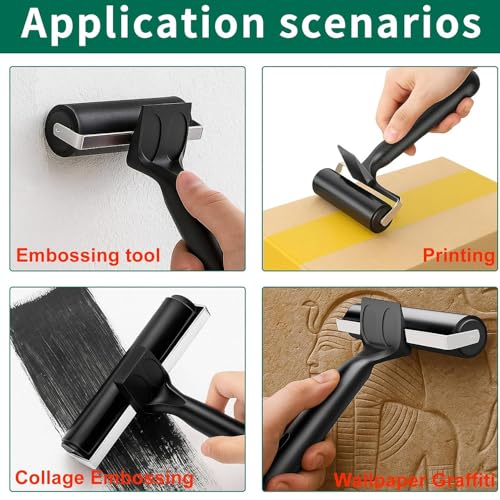 Professional Rubber Brayer Set, 3 Piece Ink Roller Kit with2.36, 3.94, 7.87 Inch Widths, Black Handle, Printmaking and Art Tools