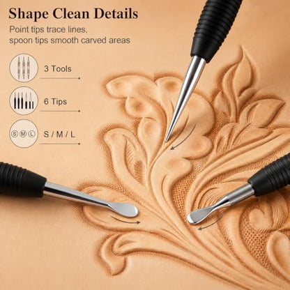 QWORK Leathercraft Modeling Tools Set, 3Pcs Leather Carving Modeling Tools (S/M/L) with Red PVC Pouch, Leather Stamping and Figure Carving Kit
