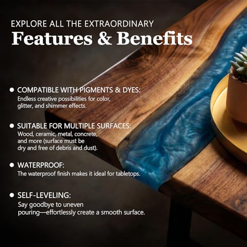 KISREL Table Top Epoxy Resin Kit 1 Gallon (1:1 ratio) - Crystal Clear Epoxy with High Gloss, UV-Resistance & Self Leveling for Bar and Table Top, Wood Coating, Resin Art, Use with Pigment, Alcohol Ink - size: 128 Ounce (Pack of 1)