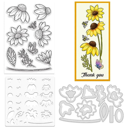 ORIGACH Daisy Flower Stamps and Dies and Layering Coloring Stencil Set, Silicone Stamps Metal Die Cut and Layering Stencil Template with Daisy Pattern for Card Making Scrapbooking DIY Crafting - color: Daisy