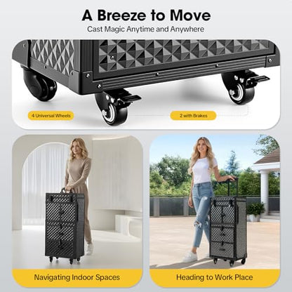 Rolling Lockable Makeup Train Case, Black Rolling Makeup Case | Large Trolley Storage Case Lockable | Trolley Professional Cosmetic Organizer Box | with Hair Dryer Holder&Scissors Buckles