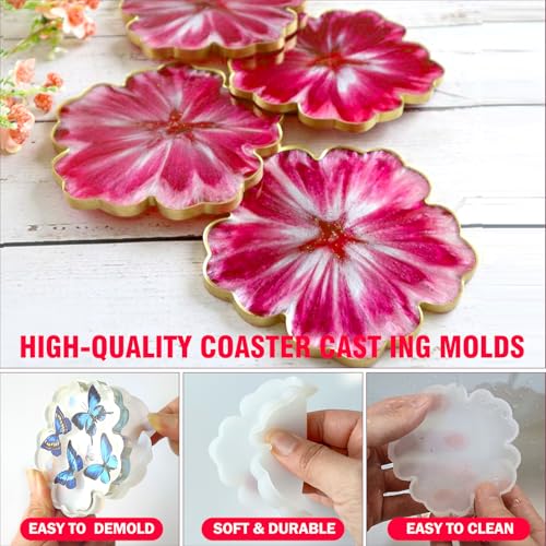 4 Pack 3.34 inches Flower Coaster Molds Coaster for Epoxy Resin Agate Coaster Cup Mat Molds for Resin Casting Silicone Molds for Making DIY Craft - color: Flower Coaster