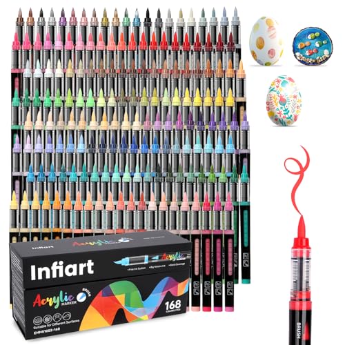 Acrylic Paint Markers Brush Tip 168 Colors Acrylic Paint Pens Automatic Ink Control Acrylic Markers for Wood, Stone, Glass, DIY & Art Supplies - color: 168 Colors