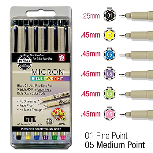 G.T. Luscombe Company, Inc. Pigma Micron 01 Fine & 05 Medium Point Bible Study Pen Kit | No Smearing or Fading | Bible Safe | Artist Pens | No Bleed Pigmented Ink (Set of 6) | New Packaging | - style: Set of 6