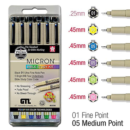 G.T. Luscombe Company, Inc. Pigma Micron 01 Fine & 05 Medium Point Bible Study Pen Kit | No Smearing or Fading | Bible Safe | Artist Pens | No Bleed Pigmented Ink (Set of 6) | New Packaging | - style: Set of 6