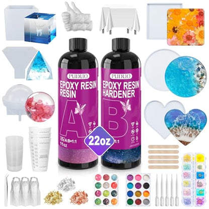Puduo Epoxy Resin Kit for Beginners 22OZ, Resin Kit with Molds, Epoxy Resin Kit wiht Dried Flowers, Measuring Cups and Resins Supplies, Easy to Mix 1:1 Ratio