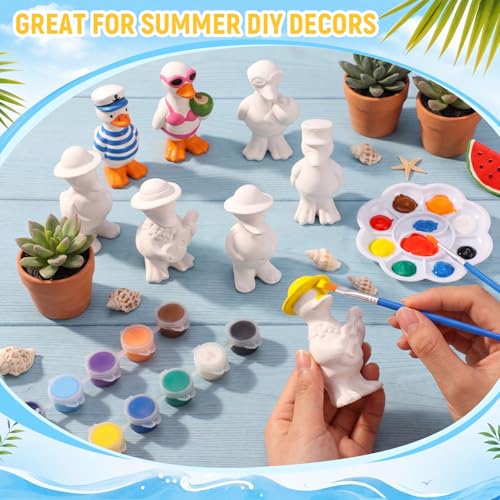 Soulchen 17 Pcs Paint Your Own Summer Beach Goose Ceramic Paint Craft Set Include 12 Unpainted Ceramic Geese, 2 Strips of Paints with 2 Brushes 1 Palette Toys Gift for Birthday Christmas - style: Summer Goose