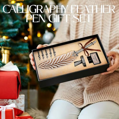 Joyeee Writing Quill and Ink Set, With Stainless Steel Replaceable Nibs, Sliver Metal Carving Pen Holder, Feather Pen Ink for Beginners and Calligraphy Enthusiasts, Retro Writing and Drawing Tool - color: Beige Quill Pen Set