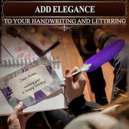 Victorian Writing Quill and Ink Set – Stainless Steel Dip Pen Feather Quill Pen and Ink Set with 5 Nib Refills, Secure Textured Grip, Gift-Ready Box with Display Stand – Calligraphy Gift Set (Purple) - color: Purple