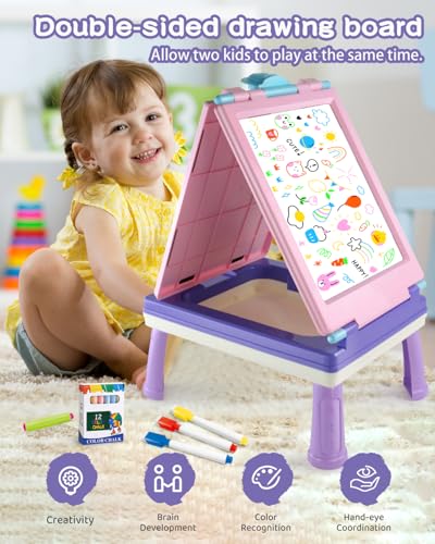 Elovien Easel for Kids, 4 in 1 Double Sided Toddler Art Easel with Chalkboard & Magnetic Whiteboard, Foldable Kid Tabletop Easel with Drawing & Writing Accessories - Educational Gift for Girl (Purple) - color: Purple