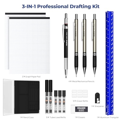 Nicpro 16PCS Drafting Tools with 12‘’ Aluminum Architectural Scale Ruler, Mechanical Pencils 0.5, 0.7, 0.9 & 2mm, Lead Refills, 2 Pack Graph Paper, Geometry Drawing Kit for Engineers Students Design