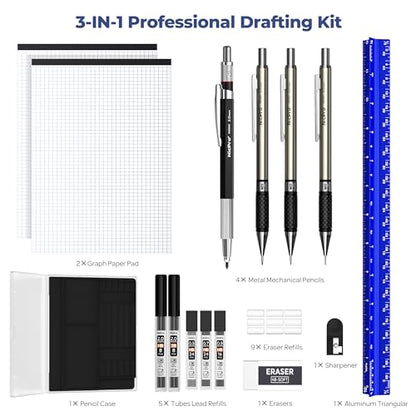 Nicpro 16PCS Drafting Tools with 12‘’ Aluminum Architectural Scale Ruler, Mechanical Pencils 0.5, 0.7, 0.9 & 2mm, Lead Refills, 2 Pack Graph Paper, Geometry Drawing Kit for Engineers Students Design