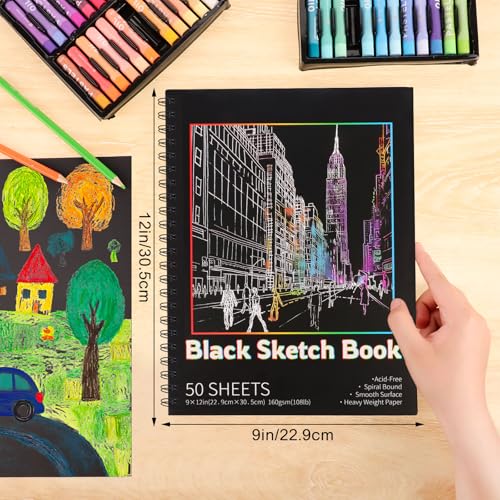 50 Sheets Black Paper Sketchbook, 108 lb/160gsm Heavyweight Black Sketch Pad 9×12in, Acid-Free Drawing Paper, Spiral Bound Sketch Book for Kids, Teens, Artist - size: 9×12 Inch (1 Pack )