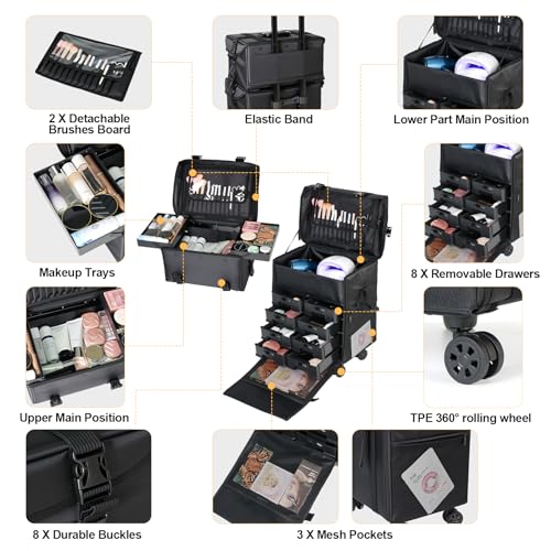 BEAUTY CASE 2 in 1 Rolling Makeup Case, Cosmetology Case on Wheels, Large Capacity Professional Makeup Bag with 8 Detachable Drawers for Makeup Artist & Hairstylist, Waterproof Oxford Fabric, Black